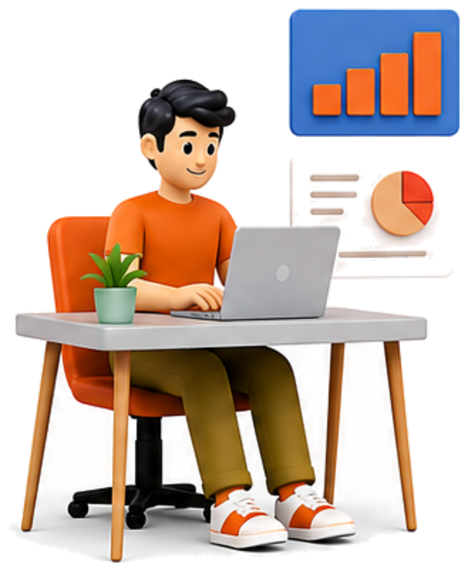 Working at a desk with analytics charts